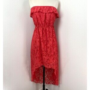 Trixxi Red-Orange Lace Dress Med Strapless High-Low Summer Peasant West Country